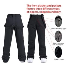 一套女士保暖滑雪裤，男士冬季滑雪裤，带可拆卸背带，适合户外活动、滑雪装备、防寒服、运动风格裤装，加固结构，功能性滑雪背带裤，雪地装备，加厚透气滑雪服（前部和口袋有3种不同的拉链类型，随机发货） - 黑色 - 查看 16