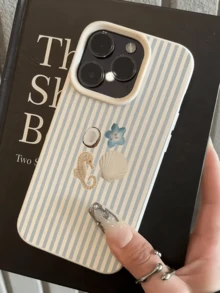 1pc White Striped Seahorse & Coconut Tree Pattern Simple TPU Shockproof Phone Case, Compatible With Apple 17, 16, 15, 14, 13, 12, 11 Pro Max, Air, And Series - Multicolor - View 2