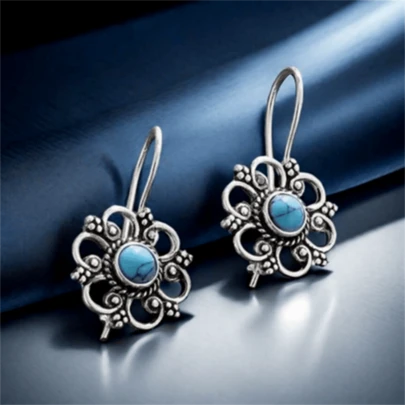 1 Pair Bohemian Vintage Inlaid Faux Turquoise Flower Earrings, Fashion Personalized Party Jewelry Gift For Women