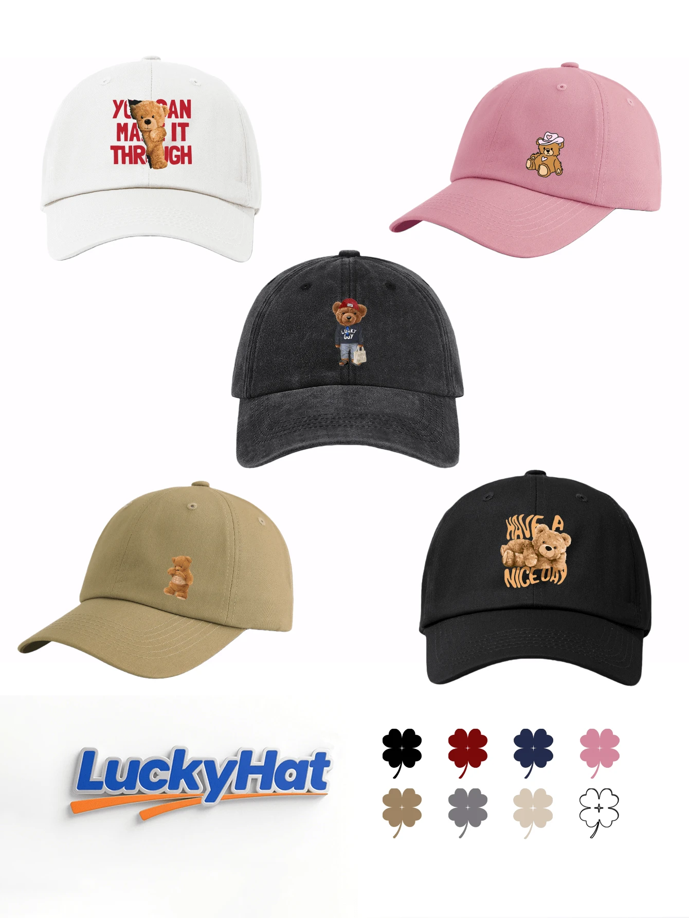 1pc Printed "Lucky Bear" Casual Retro Baseball Cap, Adjustable, Monochrome, Suitable For Streetwear And Everyday Wear, Animal Themed Dad Hat - Baseball Cap - View 1