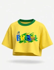 Women's Cropped Top, Brazil, Oversized, Modern Green And Yellow Print, High Quality - Kuning - View 2