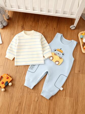 2pcs/Set Baby Boy Cute Overalls, Cartoon Car & Pumpkin Bear Bib Pants And Striped Round Neck Long Sleeve T-Shirt Set, Suitable For Autumn/Winter Wear