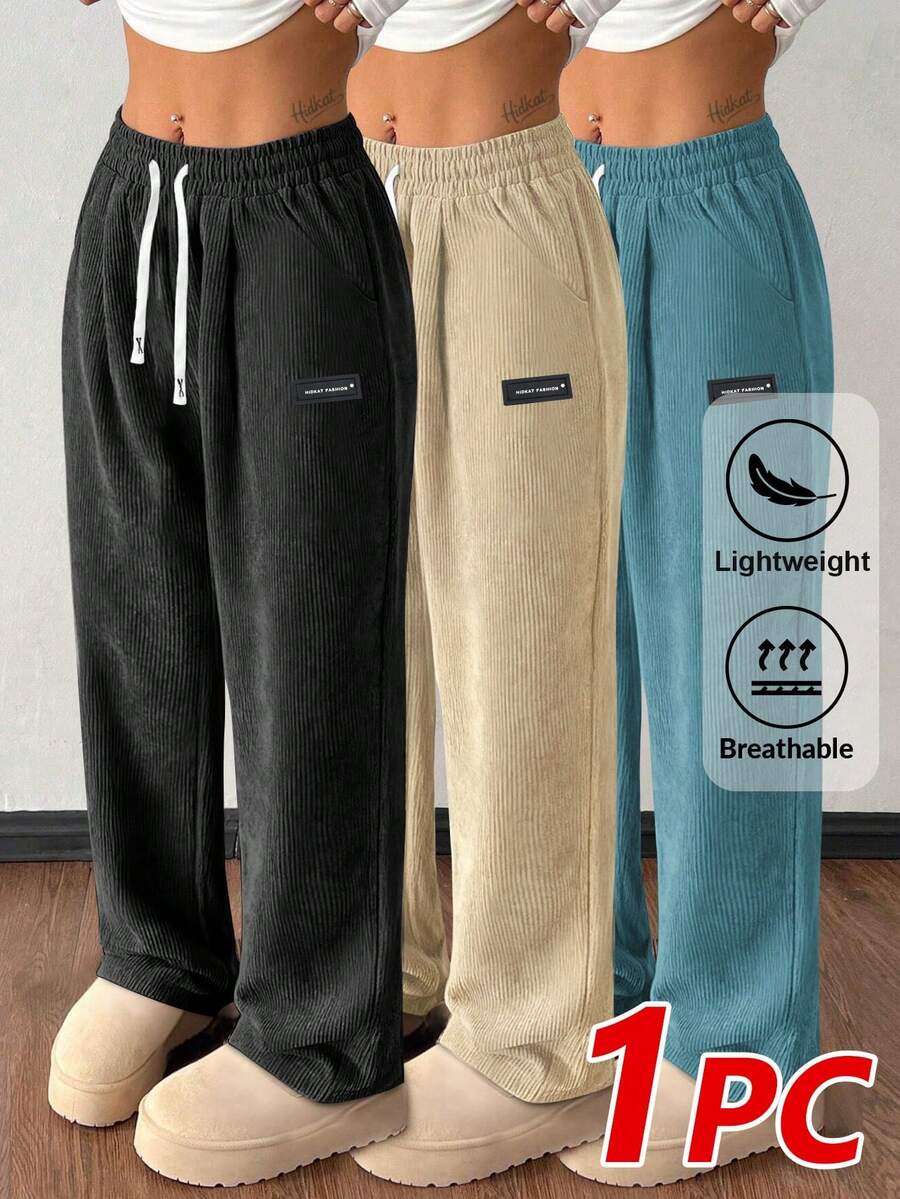 Hidkat Women's Corduroy Casual Straight Leg Pants, Solid Color Drawstring Vintage Pockets, Breathable & Comfortable, Suitable For Daily Activities, Autumn/Winter - 黑色 - 查看 1