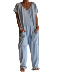 Women's Casual Solid Color V-Neck Pocket Short Sleeve Jumpsuits, Y2K Style Women's Clothing, Suitable For All Seasons, With Multiple Pocket Designs, Suitable For Outdoor Outfits, Cocktail Parties, Parties, Christmas, Nightclubs, Banquets Film Festivals, Cinemas, Balls, Cocktail Parties, Bars, Weddings, Graduation Ceremonies, Homecoming, Birthday Parties, Rebellious Girls, Festival-Themed Parties, Outings, Streetwear, Fashion Shows, Dates, Valentine's Day, Working Outside Universities, Schools, Villages, Concerts, Street Girls, Teenage Girls, Country-Style Women's Clothing, The Best Women For Outings, Ladies' Vacation Clothing, Country Concerts - Màu xanh lam - Xem 4