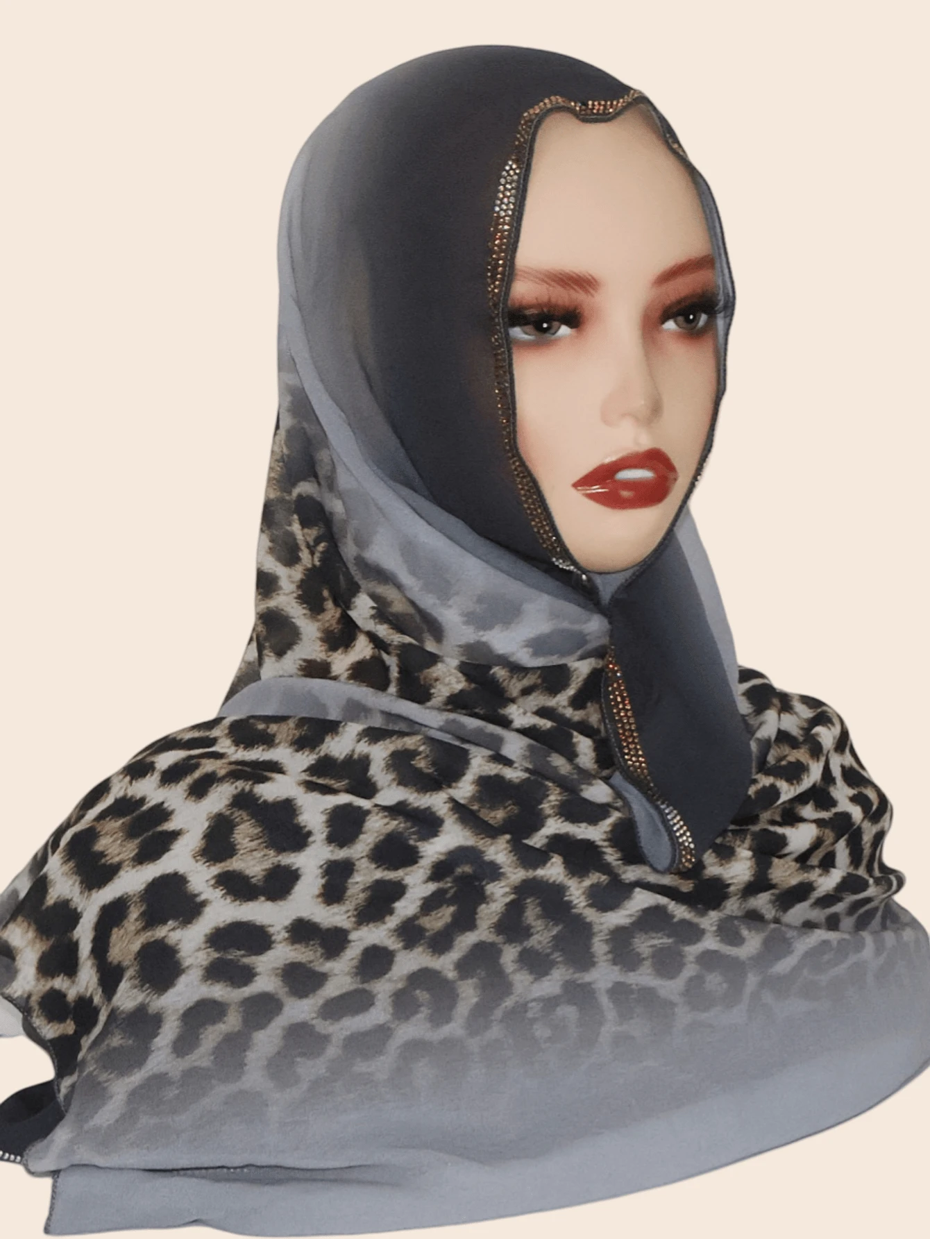 1pc Women's Chiffon Leopard Print Fashionable & Elegant Muslim Hijab Headscarf, Rhinestone Embellished Middle Eastern Style Patchwork Long Scarf - Leopard Print Patchwork Long Scarf With Rhinestones - View 1
