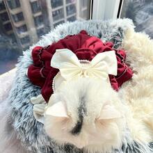 1pc Vintage Valentine's Day Bow Decor Ruffle Pearl Dress For Pets, Dog/Cat Clothes, Teddy/Poodle Dress - Red and White - View 7