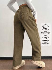 Hidkat Women's Corduroy Casual Straight Leg Pants, Solid Color Drawstring Vintage Pockets, Breathable & Comfortable, Suitable For Daily Activities, Autumn/Winter - Brown - View 3