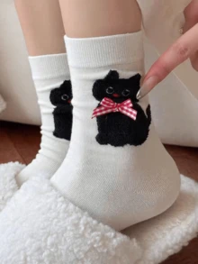 5 Pairs Cartoon Animal Flocked Mid-Calf Socks, Harajuku Style Socks, Suitable For All Seasons - Multicolor - View 9