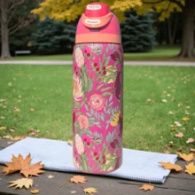 32oz Stainless Steel Insulated Water Bottle - Available In Various Floral Patterns / Keeps Drinks Hot Or Cold / Features A Stainless Steel Body, A Push-Button Dustproof Lid, And A Plastic Straw. - 桃紅 - 查看 4