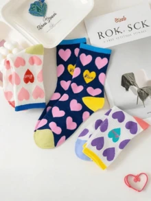 3双情侣爱心图案中筒袜，简约可爱，适合作为情人节礼物，四季皆宜 - 彩色 - 查看 7