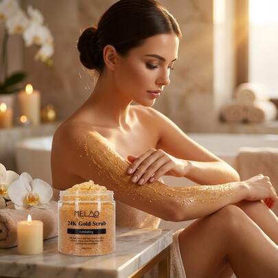  MELAO 24K Gold Scrub - Body Scrub med kokosolja och vitaminer - Anti-aging, djuprengörande, återfuktande formula för len, strålande hud