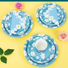 蓝白雏菊一次性餐盘、餐巾纸、杯子 - 25人份派对用品套装，适用于生日、婚礼、主题派对、家庭野餐 - 彩色 - 查看 4