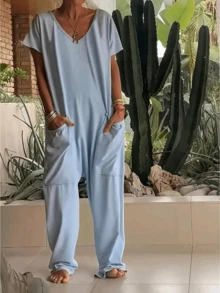 Women's Casual Solid Color V-Neck Pocket Short Sleeve Jumpsuits, Y2K Style Women's Clothing, Suitable For All Seasons, With Multiple Pocket Designs, Suitable For Outdoor Outfits, Cocktail Parties, Parties, Christmas, Nightclubs, Banquets Film Festivals, Cinemas, Balls, Cocktail Parties, Bars, Weddings, Graduation Ceremonies, Homecoming, Birthday Parties, Rebellious Girls, Festival-Themed Parties, Outings, Streetwear, Fashion Shows, Dates, Valentine's Day, Working Outside Universities, Schools, Villages, Concerts, Street Girls, Teenage Girls, Country-Style Women's Clothing, The Best Women For Outings, Ladies' Vacation Clothing, Country Concerts - Màu xanh lam - Xem 2