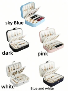 1个多功能旅行PU皮革首饰盒，首饰耳环项链收纳盒，化妆品口红首饰整理盒，大容量带扣皮革首饰盒，情人节、生日、开学礼物 - 彩色 - 查看 5