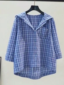 Women's Casual Vacation & Commute Plaid Print Patchwork Drawstring Hooded Shirt, Spring/Autumn - Light Wash - View 1