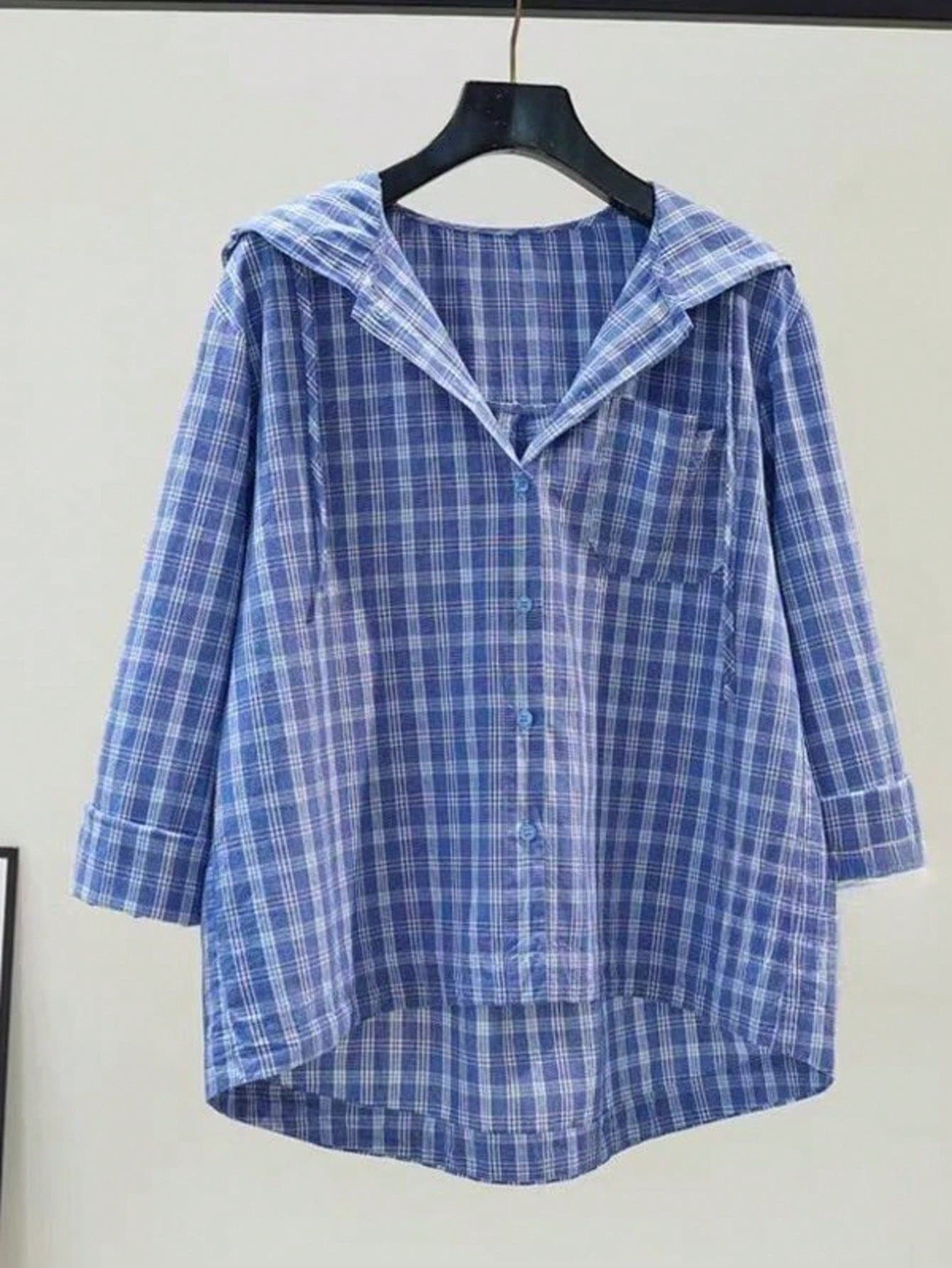 Women's Casual Vacation & Commute Plaid Print Patchwork Drawstring Hooded Shirt, Spring/Autumn - Light Wash - View 1