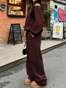 Women's Burgundy Spring 2 Piece Set Matching Tracksuit Oversized Crew Neck Long Sleeve Sweatshirt & Drawstring Waist Wide Leg Sweatpant For Valentine's Day, Daily & Going Out - Burgundy - View 6