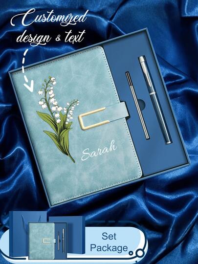 1 Pc/Set Customized Personalized Leather Notebook Set, Includes A5 Notebook And Pen Case, Using UV Printing Or Laser Engraving Technique, Printed With Birthday Flower Pattern, Perfect Gift For New Employees, Students, Teachers, Schools And Offices, Also Suitable For Anniversary, Birthday, Wedding, School, Business/Work/Office, Note-Taking, Diary Writing And Creative Writing, Can Be Used As Office Decor, Also An Ideal New Year Gift For 2026