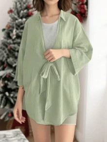 Elegant Women's Dignified Long Knotted Detail Blouse, Woven Fabric, Shirt Collar, Bracelet Sleeves, Suitable For Daily Wear - Green - View 8