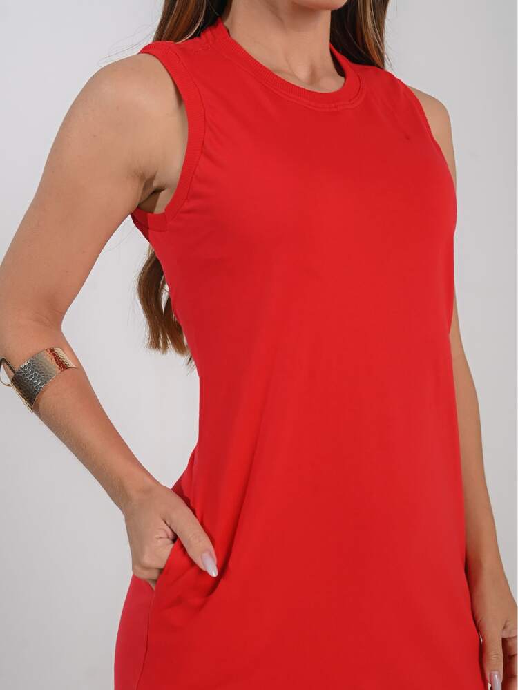 Set Of 2 Basic Casual Elegant Long Dresses With Side Slit And Pocket, Premium Cotton - Black/Red - View 10