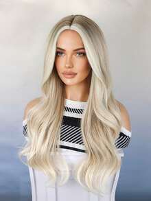 Light Gold Synthetic Wig, Women's Long Wavy Brown Gradient Blonde Wig, Split Wig, Daily Role-Playing Natural Wig - Gold - View 4