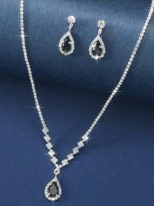 复古闪亮蓝色水滴吊坠项链耳环首饰套装，奢华新娘婚纱配饰，适合正式场合和派对 - 黑色 - 查看 3