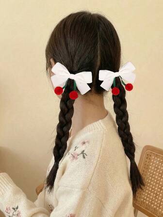 2 Pcs Cute Cherry Hair Bows For Girls, White Bow Ribbon Hair Clips With Red Pompom Fruit, Kawaii Hair Accessories For Girls, Aesthetic Barrettes For Festival Valentine's Day Birthday Gift