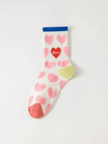 3双情侣爱心图案中筒袜，简约可爱，适合作为情人节礼物，四季皆宜 - 彩色 - 查看 9