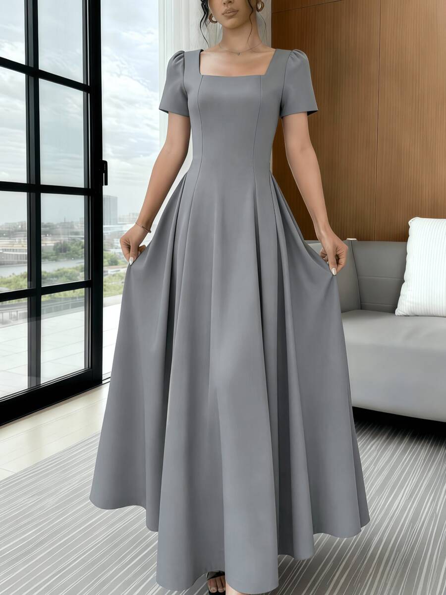 Long Dress With Short Sleeves, Square Neckline, Solid Color, Elegant, Sizes S M L - Grey - View 1