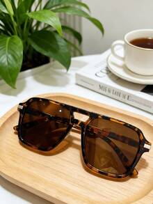 1 Pair Of Fashion Double-Bridge Aviator For Women, Retro Oversized Protection Aviator Glasses, Stylish Classic Designer Inspired Shades For Beach Vacations, Daily Streetwear, Driving & Outdoor Activities, Versatile Fashion Accessory To Match Casual, Boho & Y2K Outfits - Màu nâu đồi mồi - Xem 1