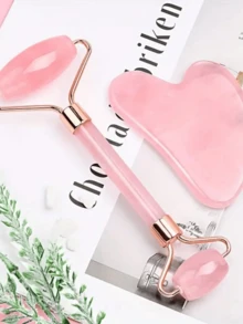 2pcs Rose Quartz Double-Ended Massage Roller, Heart-Shaped Facial & Eye Massage Scraping Tool Set - Multicolor - View 4