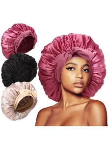 1 Stück Satin Nachthaube für Damen, seidiger Schlafmütze mit verstellbarem Kordelzug, Duschhaube, geflochtenes Stirnband und Kopftuch - Verschiedenfarbig - Übersicht 1
