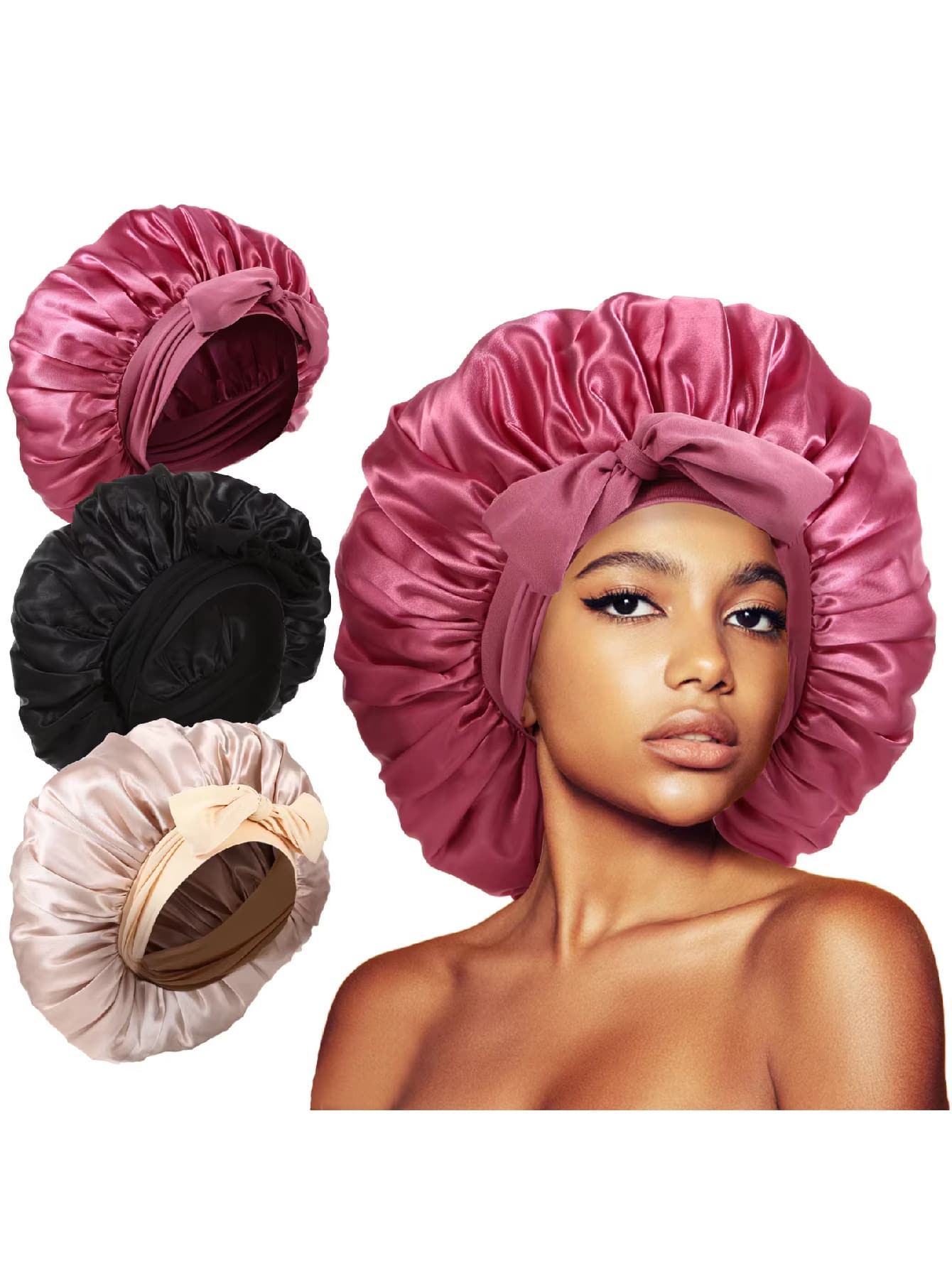 1 Stück Satin Nachthaube für Damen, seidiger Schlafmütze mit verstellbarem Kordelzug, Duschhaube, geflochtenes Stirnband und Kopftuch - Verschiedenfarbig - Übersicht 1