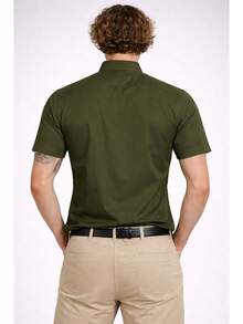 Men's Dress Shirt With Mandarin Collar, Slim Fit, Luxury Short Sleeve, Premium Fabric - Army Green - View 2