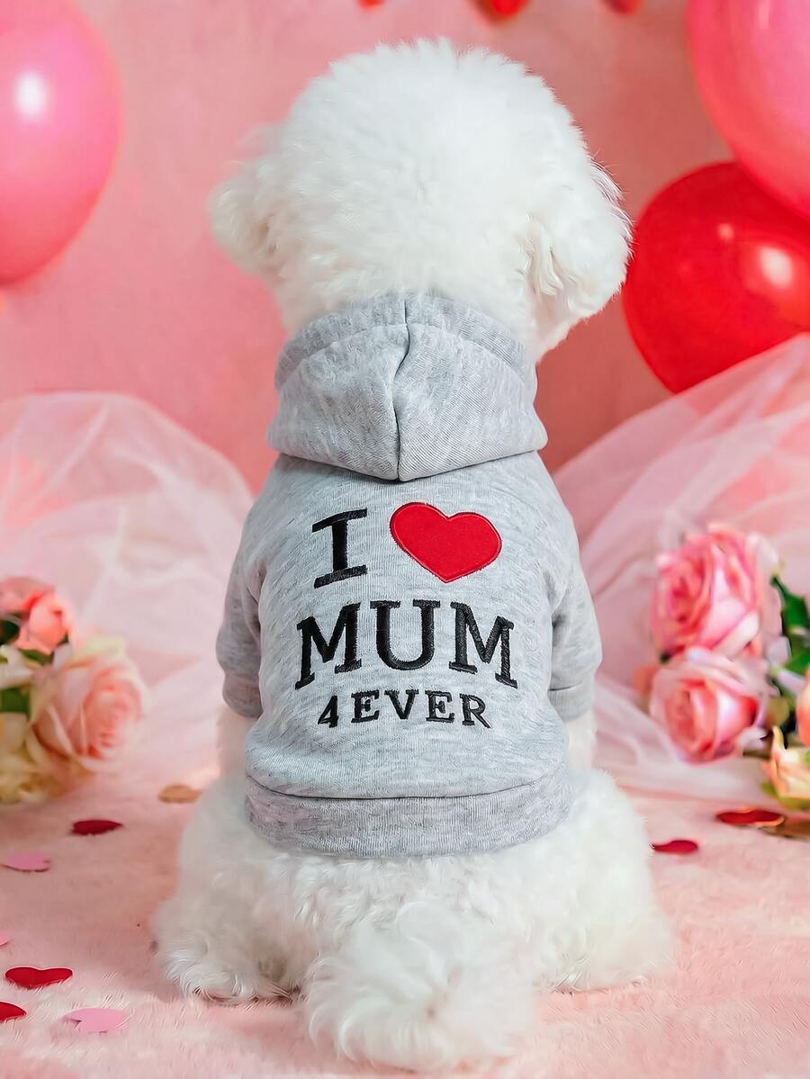 1pc Pet Clothes, Dog Cat Apparel, Happy Puppy Small Dog Casual Fashion Cute Comfortable "I Love Mom" Sweatshirt - Grey - View 1