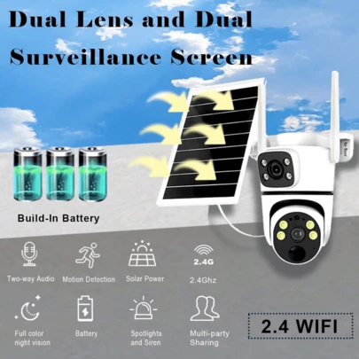 Cámara de vigilancia 1080p HD, WiFi 2.4G, cámara de vigilancia solar de doble lente, visión nocturna a todo color, audio bidireccional, detección de movimiento con IA, control remoto a través de la aplicación, almacenamiento en tarjeta SD/nube (se requiere compra), adecuada para áreas rurales, almacenes y garajes al aire libre.