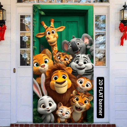 2d Door Canvas In One Piece, Two-Dimensional Flat Door Cover, Featuring Jungle Animals, Garden Door Sails Do Not Need To Be Very Suitable For Festival Gatherings And Celebrations, Made Of Polyester
