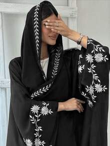 1pc Elegant Embroidered Hijab With Shawl, Fashionable Abaya Suitable For Women's Daily Wear, All Season - Multicolor - View 8