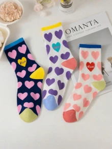 3双情侣爱心图案中筒袜，简约可爱，适合作为情人节礼物，四季皆宜 - 彩色 - 查看 2