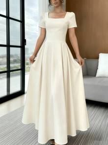 Long Dress With Short Sleeves, Square Neckline, Solid Color, Elegant, Sizes S M L - Màu be - Xem 1