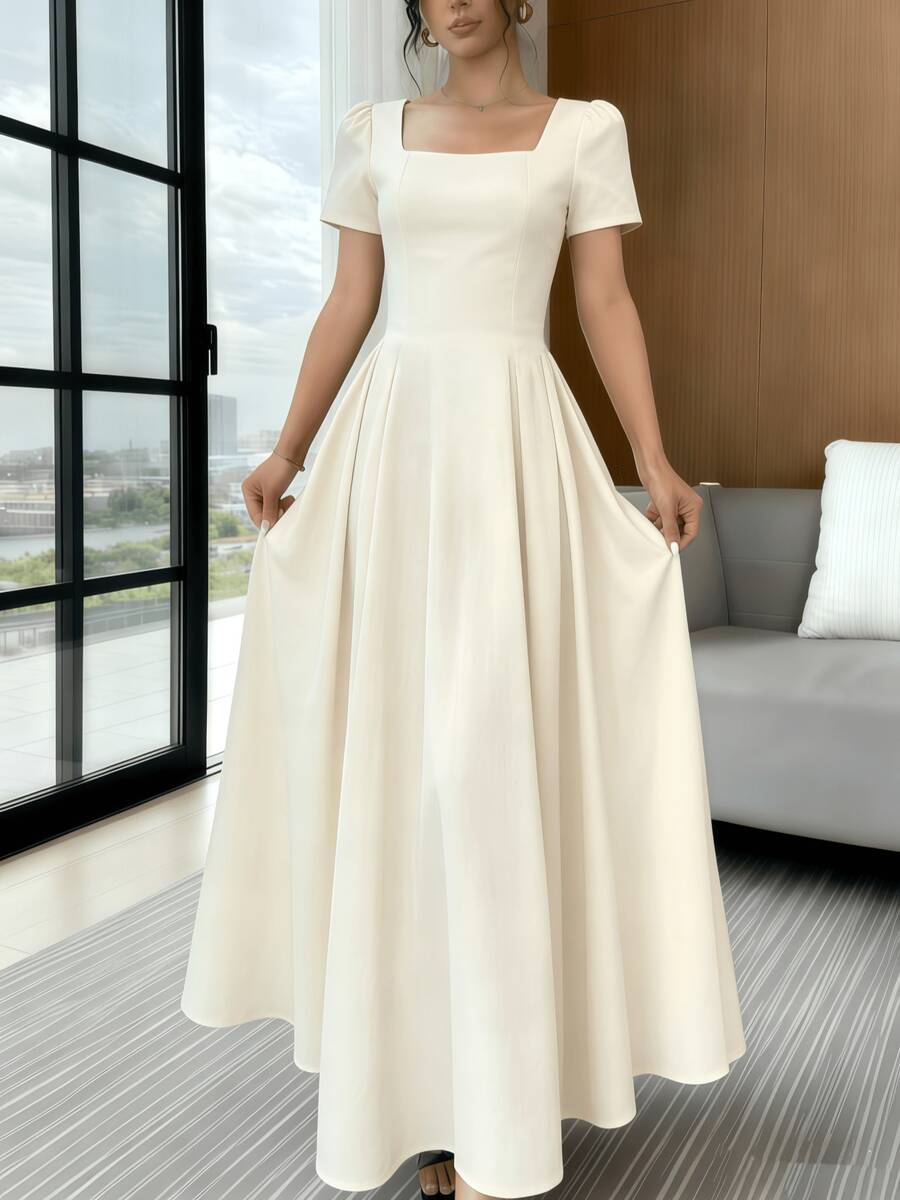 Long Dress With Short Sleeves, Square Neckline, Solid Color, Elegant, Sizes S M L - Màu be - Xem 1