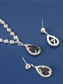 复古闪亮蓝色水滴吊坠项链耳环首饰套装，奢华新娘婚纱配饰，适合正式场合和派对 - 黑色 - 查看 5