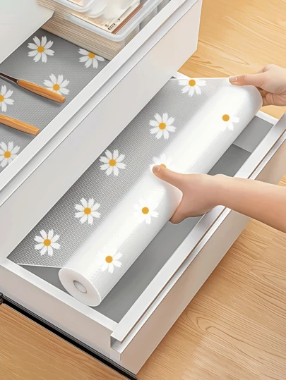 防水橱柜垫，雏菊图案，耐油易清洁塑料垫，适用于厨房、冰箱、桌子和抽屉收纳，防滑耐用，可裁剪，持久时尚花卉图案，厨房收纳 | 时尚收纳盒 | 防滑纹理，厨房收纳整理，架子垫，可爱小物
