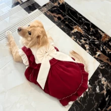 1pc Vintage Valentine's Day Bow Decor Ruffle Pearl Dress For Pets, Dog/Cat Clothes, Teddy/Poodle Dress - Red and White - View 4