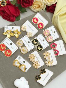 18 Elegant Ladies' Earrings, Pearl Earrings, Stainless Steel Earrings, Delicate Little Butterflies, Four-Leaf Flowers, Five-Leaf Flowers, Six-Leaf Flowers, Geometric Multi-Element, Elegant Style, Anti-Allergy Stainless Steel Earring Set, The Best Jewelry Earrings For Female Friends. - Multicolor - View 6