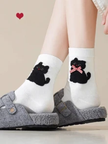 5 Pairs Cartoon Animal Flocked Mid-Calf Socks, Harajuku Style Socks, Suitable For All Seasons - Multicolor - View 5