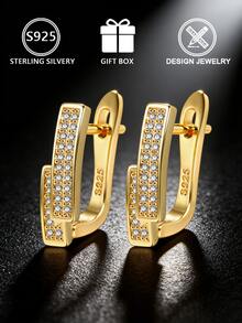1pc 925 Sterling Silver Women's Silver/Gold Dual-Tone Fully Paved Cubic Zirconia Geometric Hoop Earrings (Sparkling Geometric Style), Gift Box, Suitable For Daily Wear And Holidays - Gold - View 1