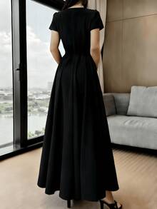 Long Dress With Short Sleeves, Square Neckline, Solid Color, Elegant, Sizes S M L - màu đen - Xem 3