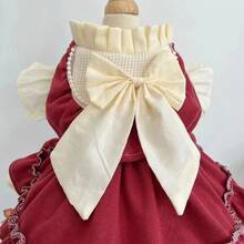 1pc Vintage Valentine's Day Bow Decor Ruffle Pearl Dress For Pets, Dog/Cat Clothes, Teddy/Poodle Dress - Red and White - View 2