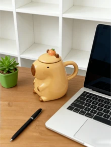 Kapybara keramisk mugg med lock, kreativ tecknad kapybaradesign keramisk kopp, intressant kapybaramugg för hemmabruk - Multifärgad - Visa 7